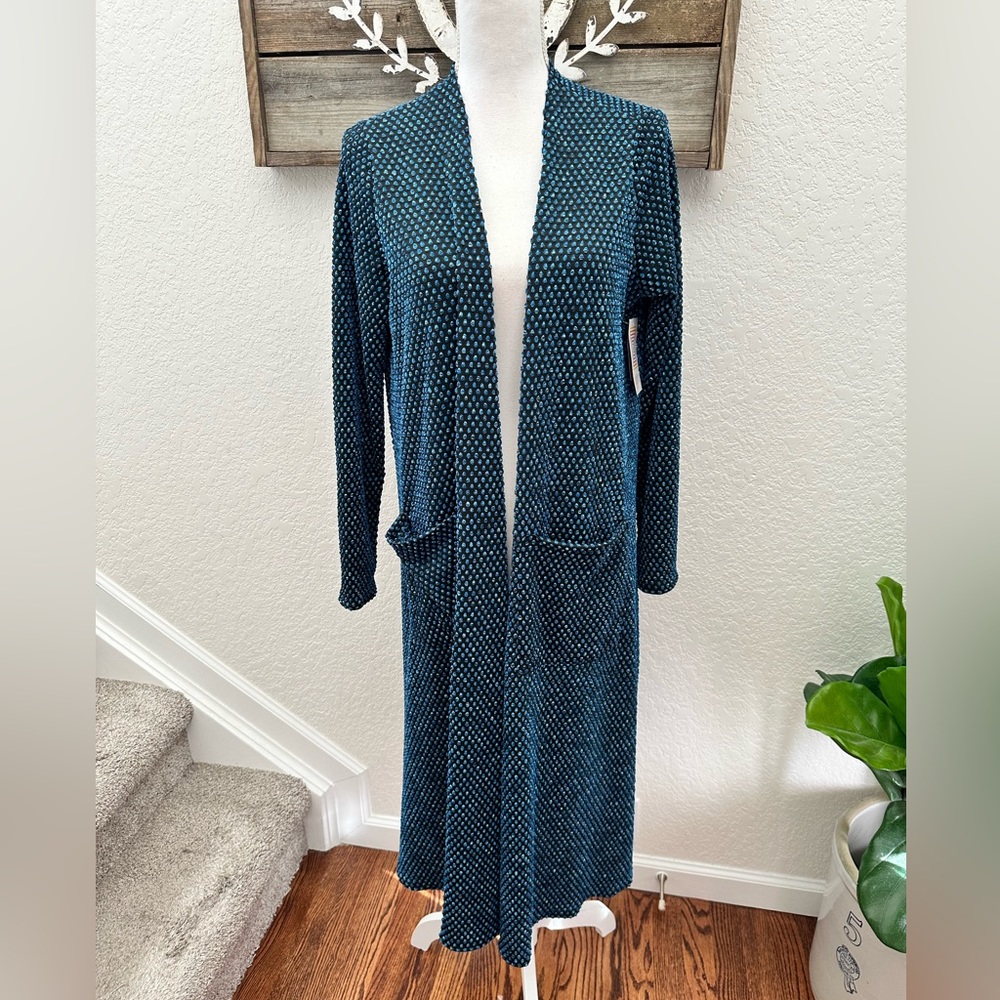 Lularoe Sarah blue black dot textured duster cardigan ladies M NWT